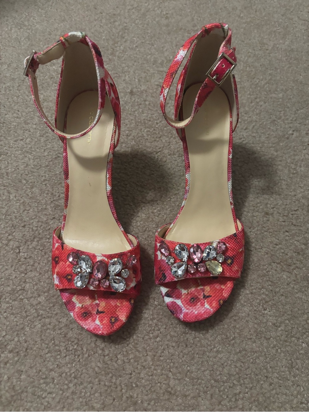 Liz Claiborne Pink-Red Floral Gem-Accent Ankle Strap Heels